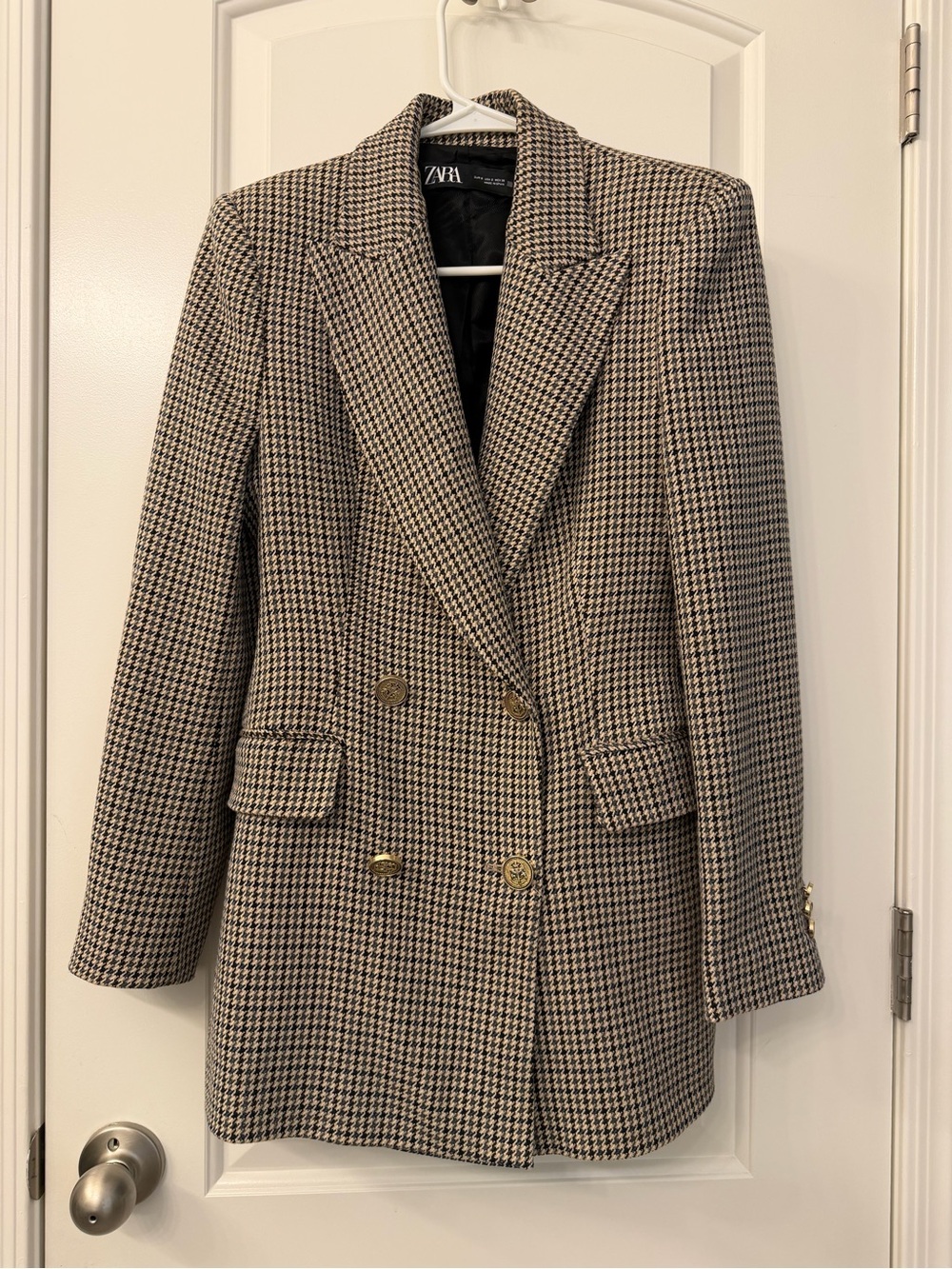 Zara Houndstooth Double-Breasted Blazer - Black & Cream
